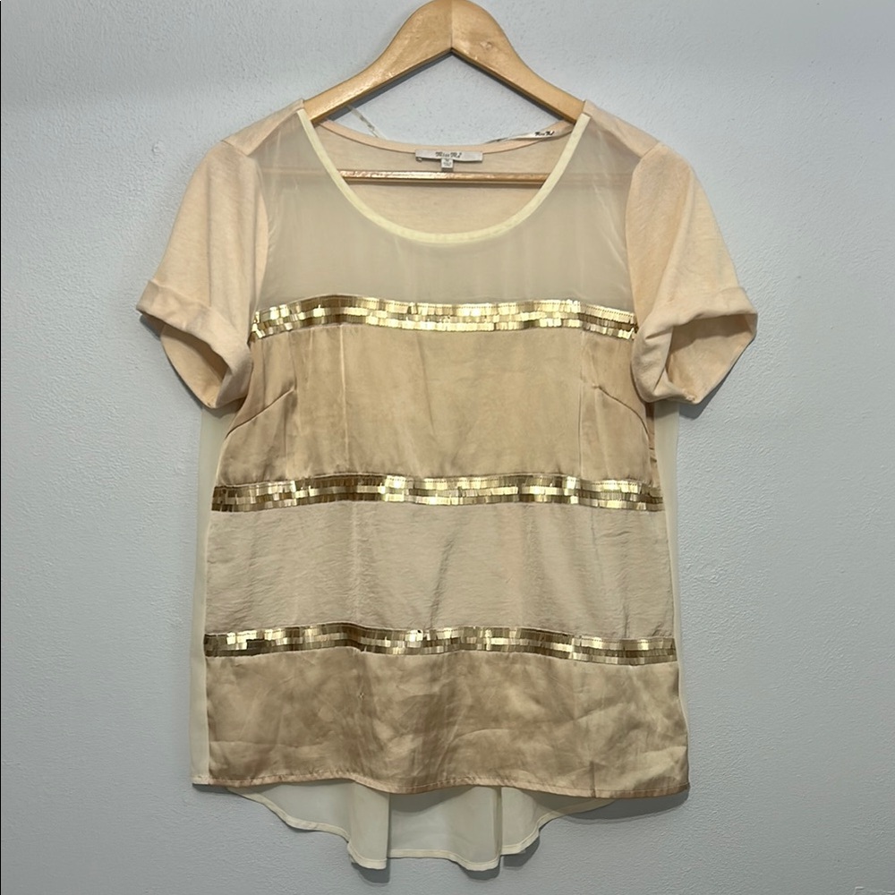 Cream and Gold Asymmetrical Sequin Blouse